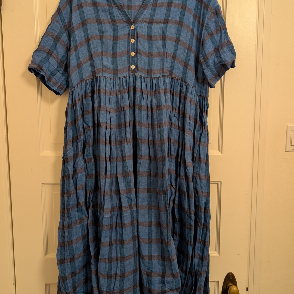 Heinui Gorgeous Blue Plaid Linen Dress